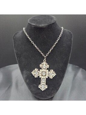Large Rhinestone Cross Pendant Necklace Silver Tone Gothic Baroque Statement